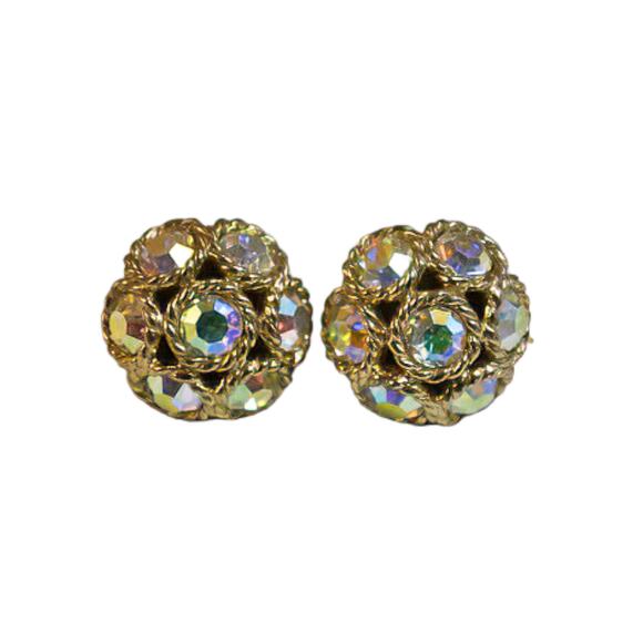 1960s Sarah Coventry Gold Plate AB Rhinestone Dancing Magic Domed Clip Earrings - Picture 3 of 4
